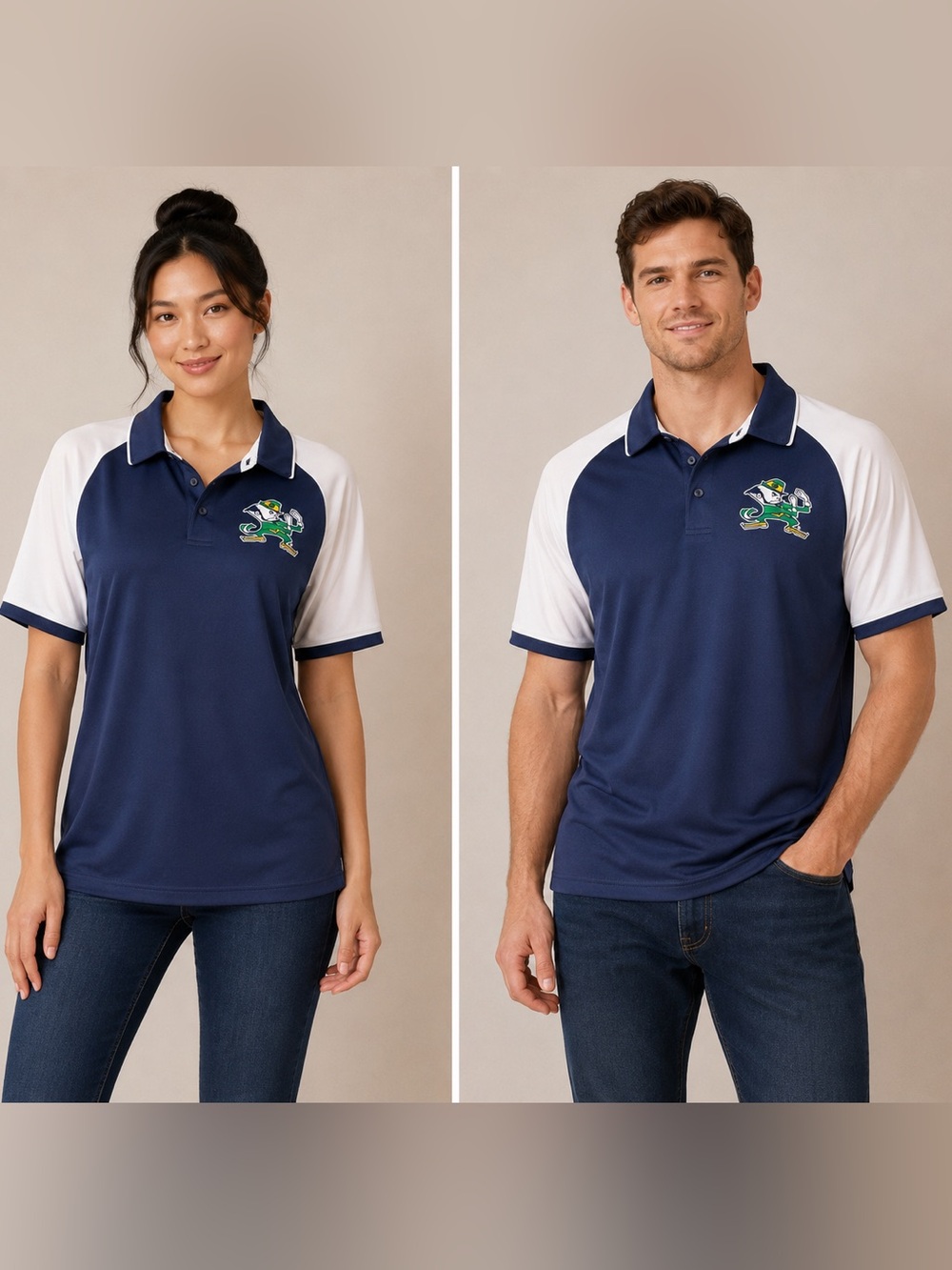 Fanatics Navy and White Short-Sleeve Polo with University of Notre Mascot Patch
